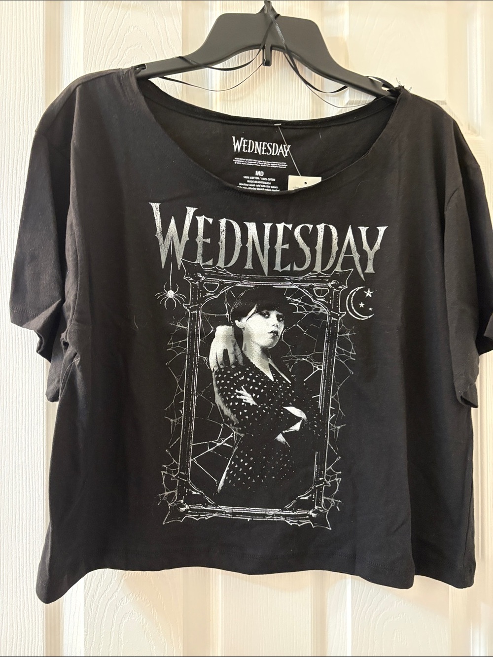 Wednesday Addams And Thing Black Graphic Cropped T Shirt Medium NWT